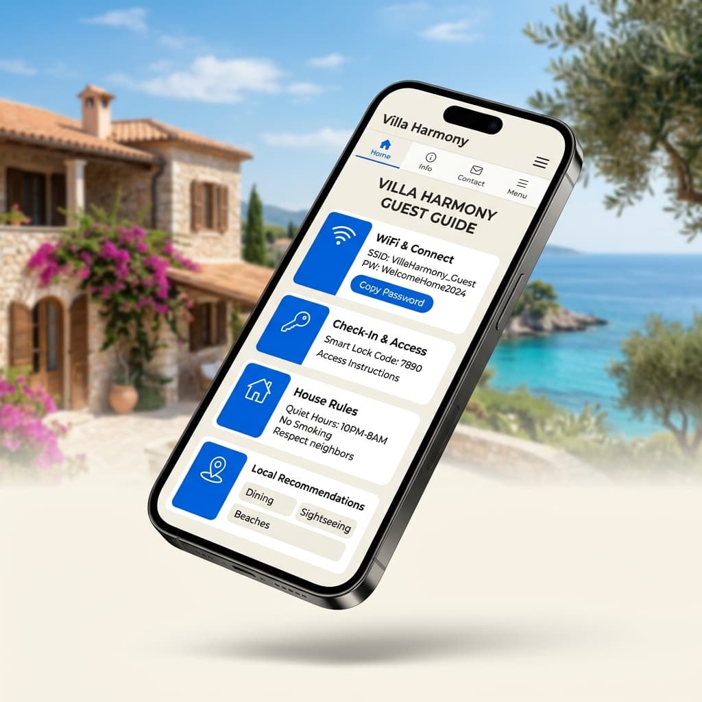 Mobile guest guide open beside a Mediterranean holiday property
